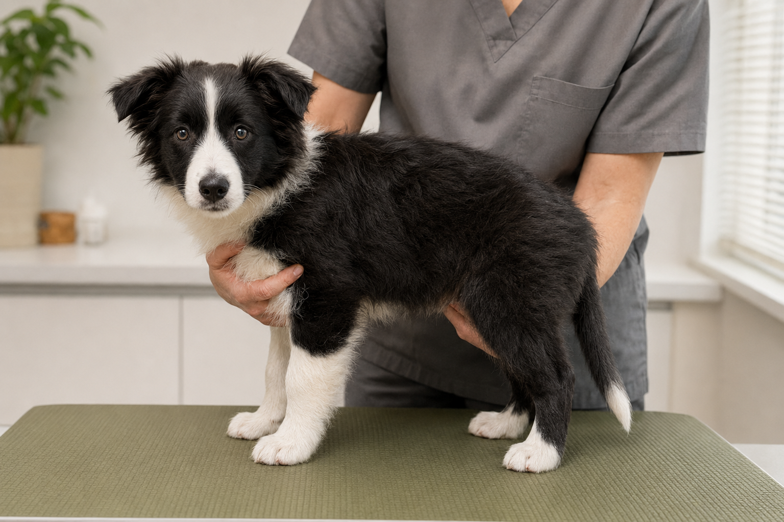 Veterinářka jemně vyšetřuje břicho březí feny border kolie